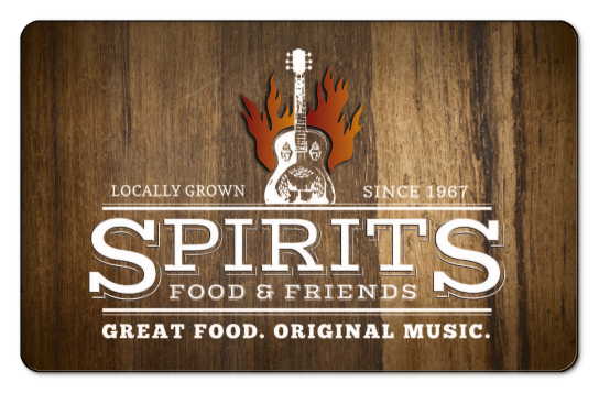 spirits white text and guitar logo on a wood background